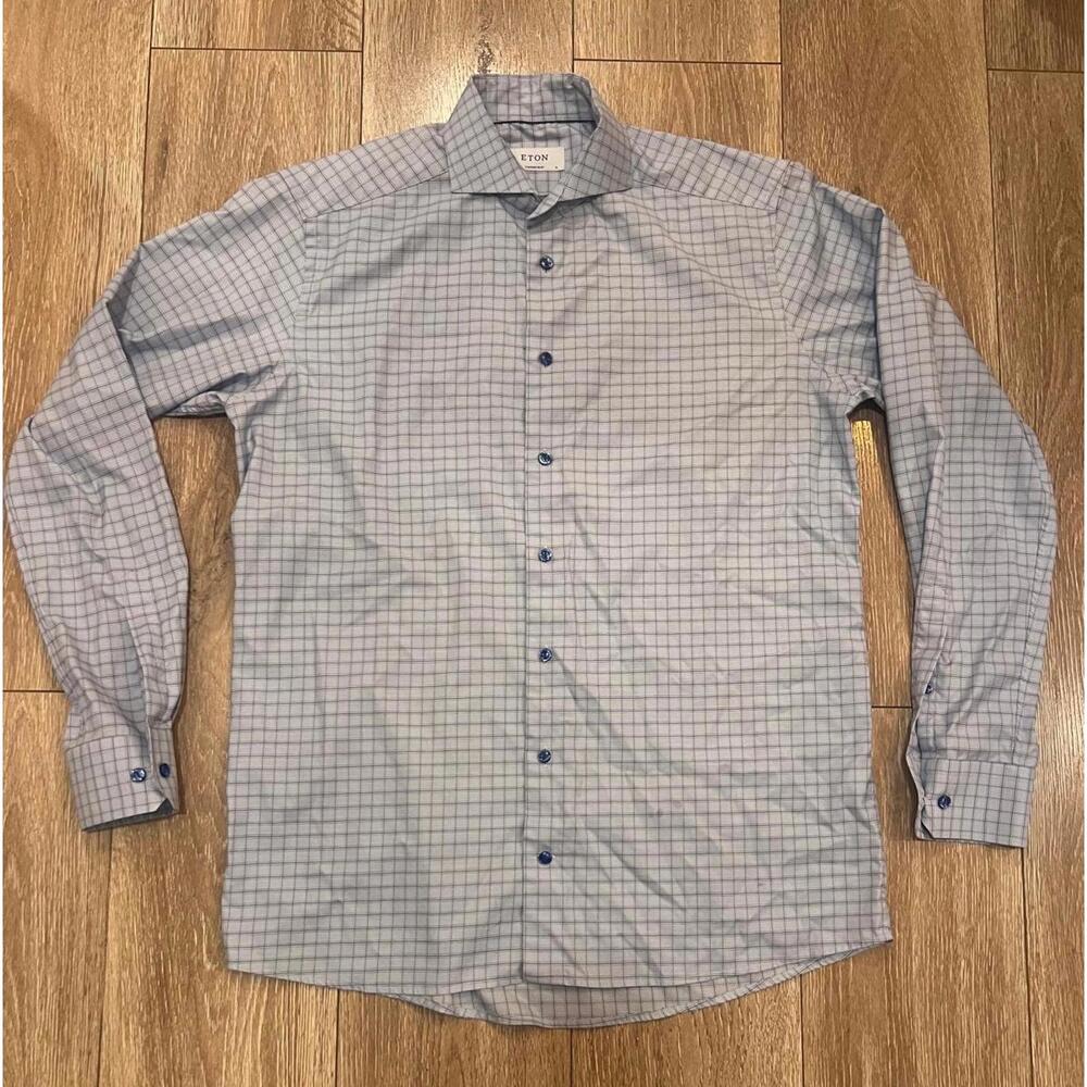 Eton Contemporary Men's Dress Shirt - Blue Light Check Pattern, Size 16